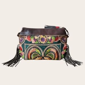Hmong Embroidered Leather Fringe Crossbody Clutch Bag